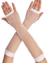 Long Elbow Length Fishnet Gloves Fingerless 70s 80s Womens Costume Party Dance in White - Front View