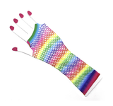Rainbow Stripe Fishnet Fingerless Gloves 80s Costume Burlesque Mardi Gras Dance - Front View