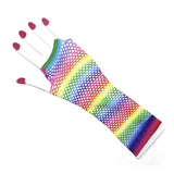 Rainbow Stripe Fishnet Fingerless Gloves 80s Costume Burlesque Mardi Gras Dance - Side View