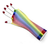 Rainbow Stripe Fishnet Fingerless Gloves 80s Costume Burlesque Dance Mardi Gras - Front View