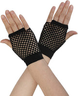 1 Pair Fishnet Gloves Fingerless Wrist Length 70s 80s Costume Party Dance - Black - Front View