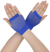 1 Pair Fishnet Gloves Fingerless Wrist Length 70s 80s Costume Party Dance - Blue - Front View