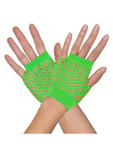 1 Pair Fishnet Gloves Fingerless Wrist Length 70s 80s Costume Party - Neon Green - Front View