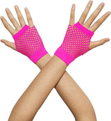 1 Pair Fishnet Gloves Fingerless Wrist Length 70s 80s Costume Party - Hot Pink - Front View