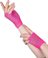 1 Pair Fishnet Gloves Fingerless Wrist Length 70s 80s Costume Party - Hot Pink - Top-Down View
