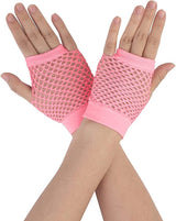 1 Pair Fishnet Gloves Fingerless Wrist Length 70s 80s Costume Party - Light Pink - Front View