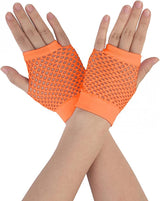 1 Pair Fishnet Gloves Fingerless Wrist Length 70s 80s Costume Party - Orange - Front View