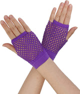 1 Pair Fishnet Gloves Fingerless Wrist Length 70s 80s Costume Party - Purple - Front View