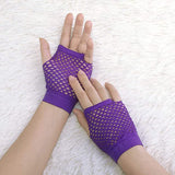 1 Pair Fishnet Gloves Fingerless Wrist Length 70s 80s Costume Party - Purple - Top-Down View
