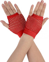 1 Pair Fishnet Gloves Fingerless Wrist Length 70s 80s Costume Party Dance - Red - Front View