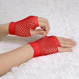 1 Pair Fishnet Gloves Fingerless Wrist Length 70s 80s Costume Party Dance - Red - Top-Down View