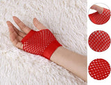 1 Pair Fishnet Gloves Fingerless Wrist Length 70s 80s Costume Party Dance - Red - 45-Degree Angle