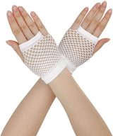 1 Pair Fishnet Gloves Fingerless Wrist Length 70s 80s Costume Party Dance -White - Front View