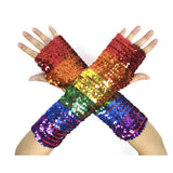 RAINBOW SEQUIN FINGERLESS GLOVES Mardi Gras Gay Pride LGBT Lesbian Party - Front View