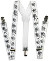Halloween Suspenders Braces Belt Costume Party - White with Black Spider Web - Front View
