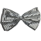 LARGE BOW TIE Sequin Polka Dots Bowtie Big King Size Party  Costume - White/Silver - Front View
