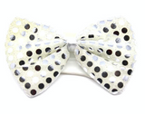 SEQUIN BOW TIE Polka Dots Bowtie Party Unisex Costume  13cm x 9cm Clown - White/Silver - Front View