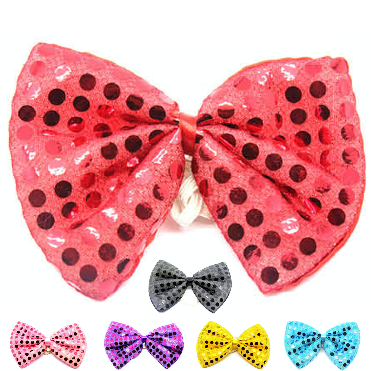 SEQUIN BOW TIE Polka Dots Bowtie Party Unisex Costume 13cm x 9cm Clown - White/Silver