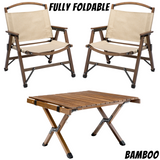 Bamboo Foldable Camping Table + 2 Chairs Waterproof Wood Wooden Travel Set Kit - Front View