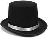 Chic Black Satin Top Hat with Silver Band for Mad Hatter or Magician Attire - Front View
