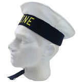 MARINE HAT Cap White BLACK Skipper Navy Sea Fancy Dress Sailor Costume Accessory - Top-Down View