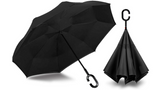 Reverse Umbrella Windproof Double Layer C-Handle Inverted Folding in Black - Front View