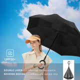 Reverse Umbrella Windproof Double Layer C-Handle Inverted Folding in Black - Side View