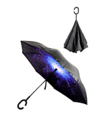 Reverse Umbrella Windproof Double Layer C-Handle Inverted Folding in Galaxy Print - Front View