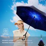 Reverse Umbrella Windproof Double Layer C-Handle Inverted Folding in Galaxy Print - 45-Degree Angle