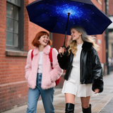 Reverse Umbrella Windproof Double Layer C-Handle Inverted Folding in Galaxy Print - Close-Up Angle