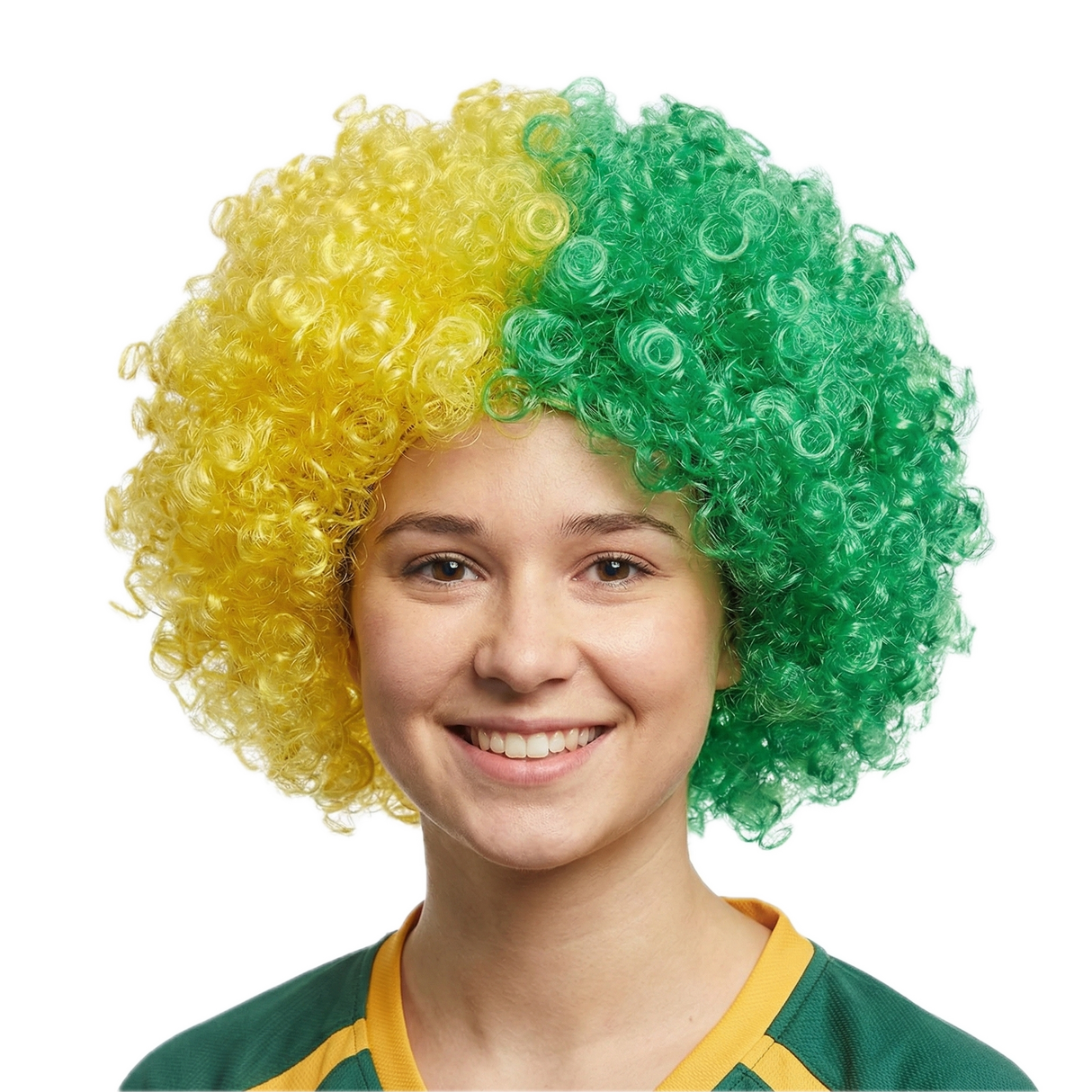 Funky Green/Gold Deluxe Aussie Afro Wig for Costume Parties and Australia Day Celebrations