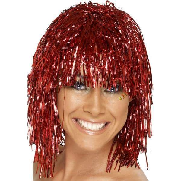 Sparkling Metallic Tinsel Disco Wig for 70s, 50s, and 20s Costumes - Red Unisex Party Accessory