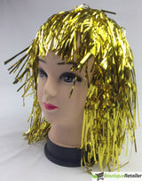 Shimmering Tinsel Wig - Unisex Metallic Accessory for 70s, 50s, and 20s Themed Parties - Gold/Yellow - Front View