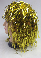 Shimmering Tinsel Wig - Unisex Metallic Accessory for 70s, 50s, and 20s Themed Parties - Gold/Yellow - Close-Up Angle