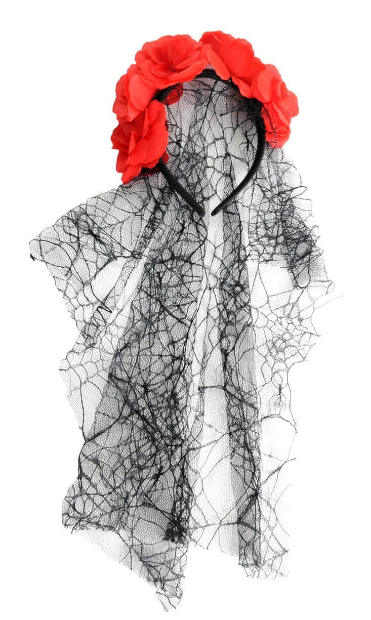 Sugar Skull Headband with Floral Accents & Lace Veil for Halloween Festivities