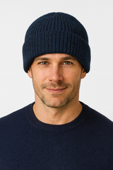 Mens Shetland Ragg Wool Beanie Hat Fishermans Rib Winter Knit Ski Pull On  - Navy - Front View