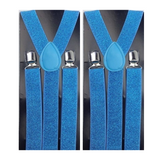 2x Mens Suspenders Braces Adjustable Strong Clip On Elastic Formal Wedding Slim - Sky Blue (Glitter) - Front View