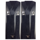 2x Mens Suspenders Braces Adjustable Strong Clip On Elastic Formal Wedding Slim - Black (Glitter) - Front View