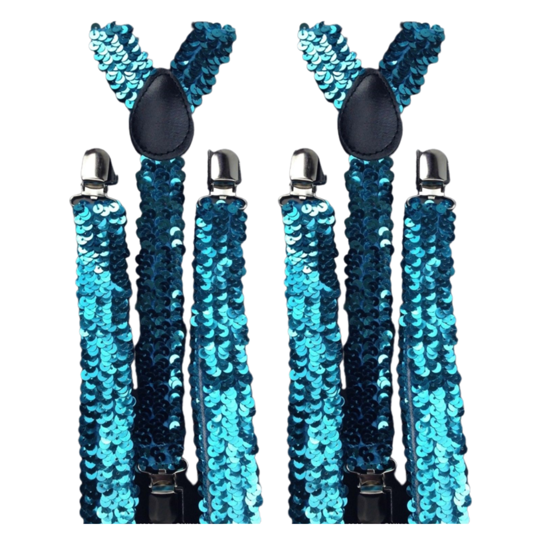 Dual Pack Adjustable Blue Sequin Men's Suspenders - Elastic Clip-On Braces for Formal Events