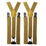 2x Mens Suspenders Braces Adjustable Strong Clip On Elastic Formal Wedding Slim - Gold (Glitter) - Front View