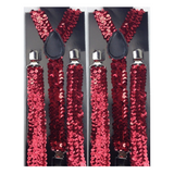 Adjustable Red Sequin Men's Suspenders - 2x Slim Clip-On Braces for Formal Events - Front View