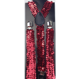 Adjustable Red Sequin Men's Suspenders - 2x Slim Clip-On Braces for Formal Events - Side View