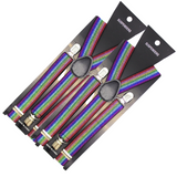 2x Mens Suspenders Braces Adjustable Strong Clip On Elastic Formal Wedding Slim - Rainbow (Glitter) - Front View