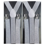 2x Mens Suspenders Braces Adjustable Strong Clip On Elastic Formal Wedding Slim - White (Glitter) - Front View