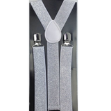 2x Mens Suspenders Braces Adjustable Strong Clip On Elastic Formal Wedding Slim - White (Glitter) - Side View