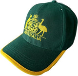 Australia Baseball Cap - Green & Gold with Kangaroo & Emu Design, Adjustable Fit - Front View