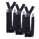 3x Mens Suspenders Braces Adjustable Strong Clip On Elastic Formal Wedding Slim - Black (Glitter) - Front View