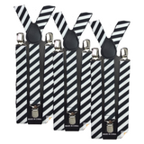 Set of 3 Adjustable Men's Clip-On Suspenders - Slim Black/White Diagonal Stripes for Formal Events - Front View