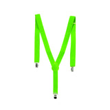 3x Mens Suspenders Braces Adjustable Strong Clip On Elastic Formal Wedding Slim - Fluro Green - Top-Down View