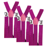 3x Mens Suspenders Braces Adjustable Strong Clip On Elastic Formal Wedding Slim - Hot Pink (Glitter) - Front View